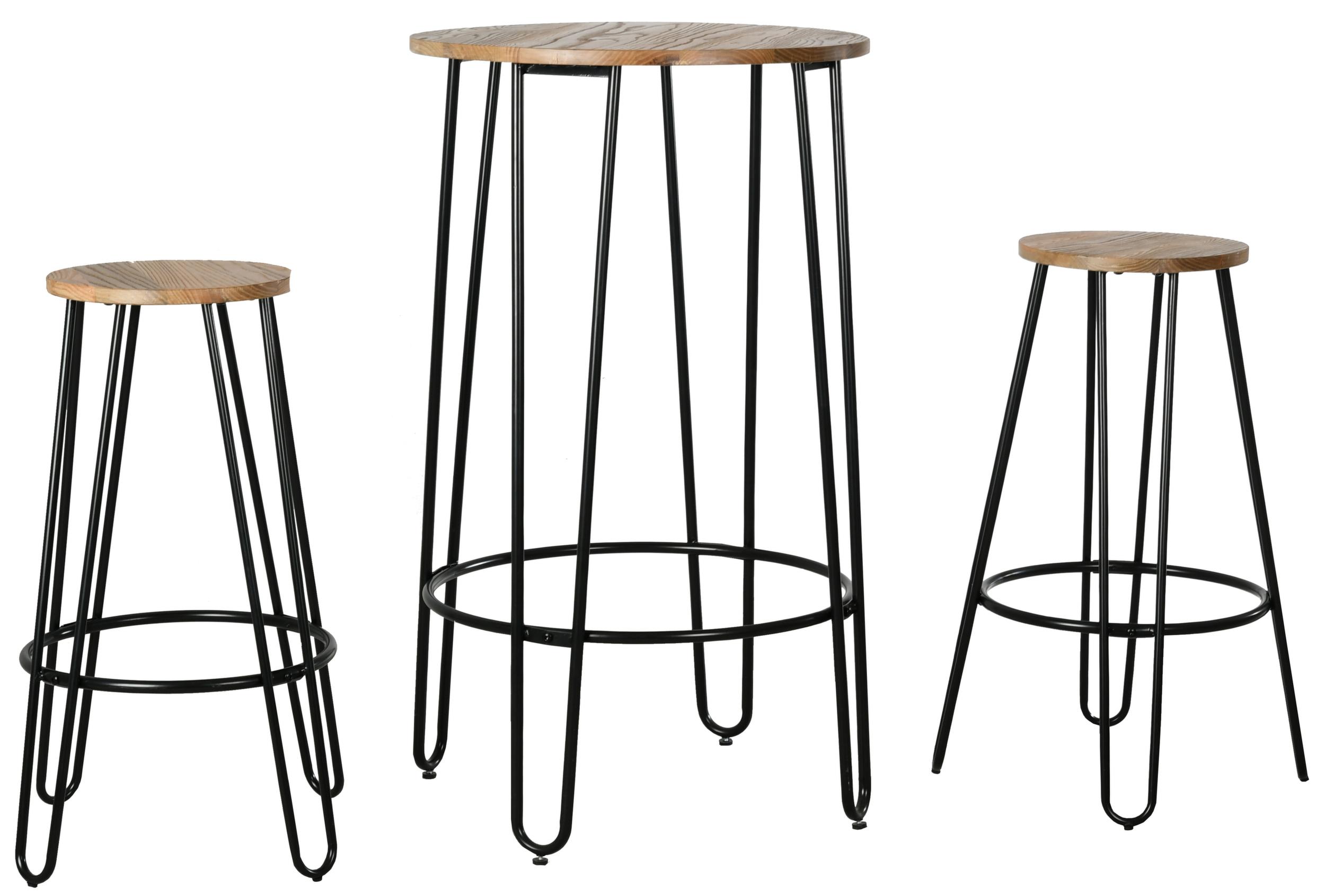 Ensemble table haute et tabourets en métal et bois d'orme huilé