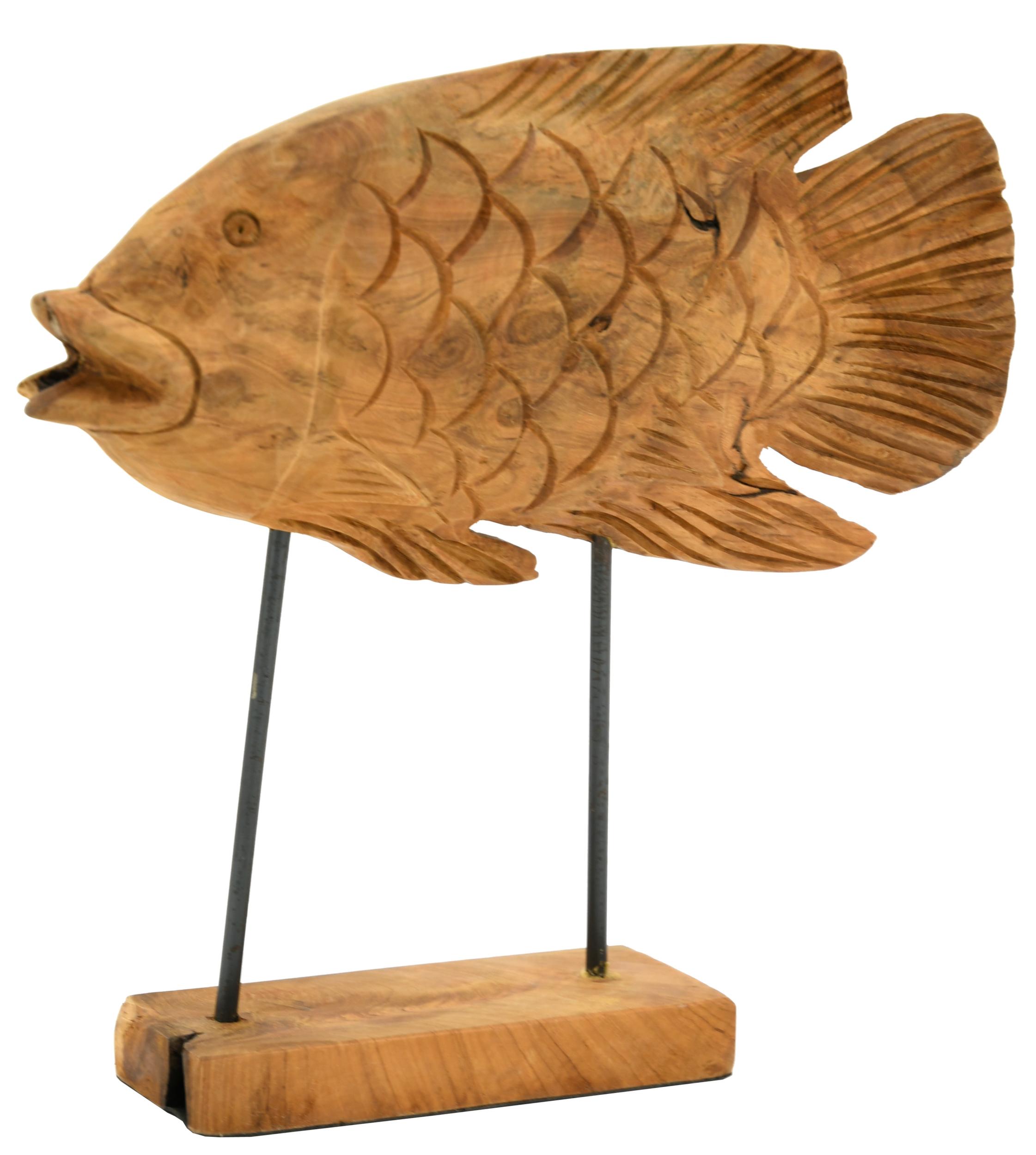 Poisson en teck naturel sur socle