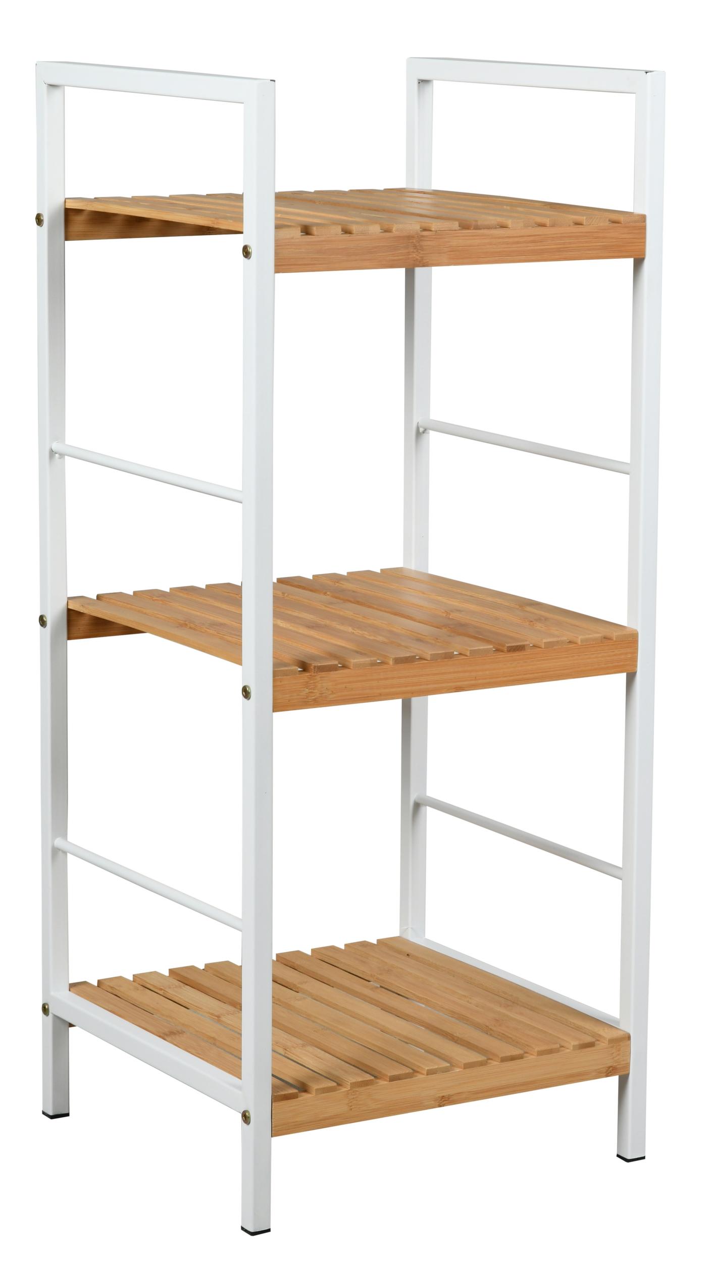 Étagère 3 niveaux en métal blanc et bambou ajouré 33 x 32 x 79 cm