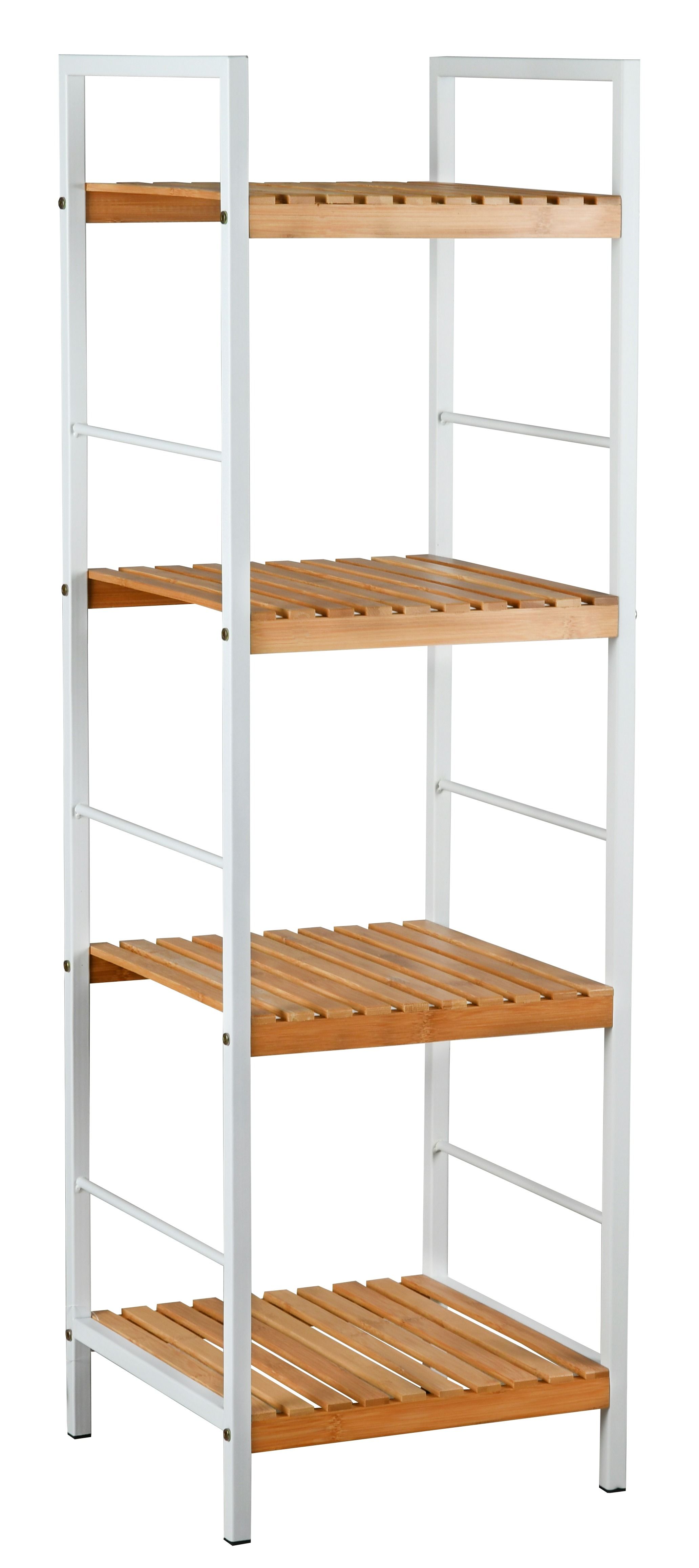 Étagère 4 niveaux en métal blanc et bambou ajouré 33 x 32 x 109 cm