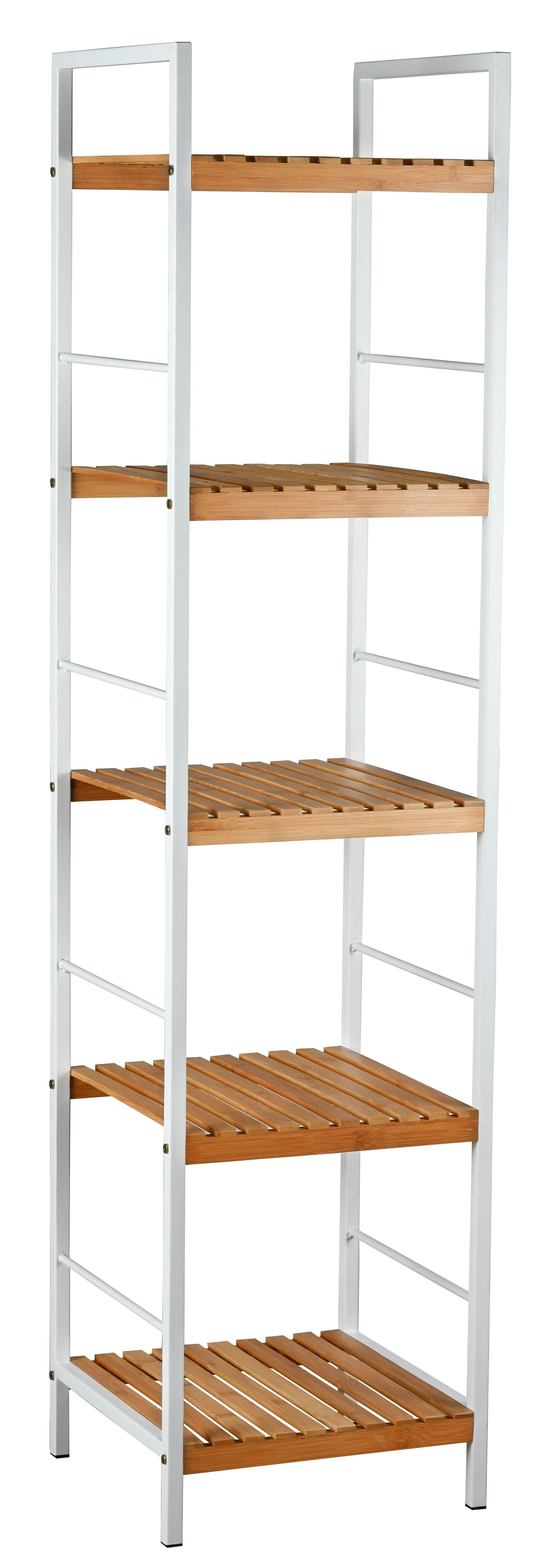 Étagère 5 niveaux en métal blanc et bambou ajouré 33 x 32 x 138 cm