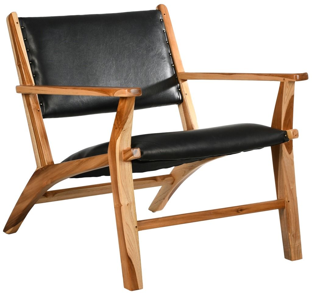 Fauteuil en teck et cuir noir Makassar