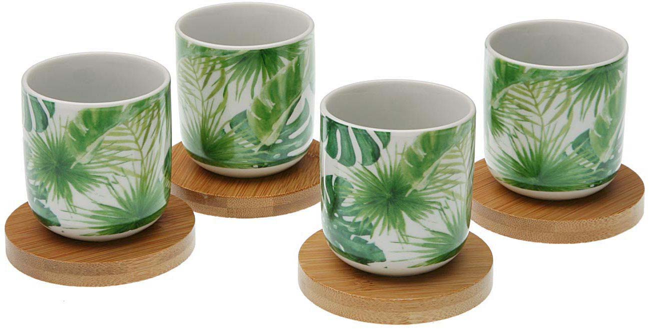 Tasse en porcelaine avec support en bambou Hojas (Lot de 4)