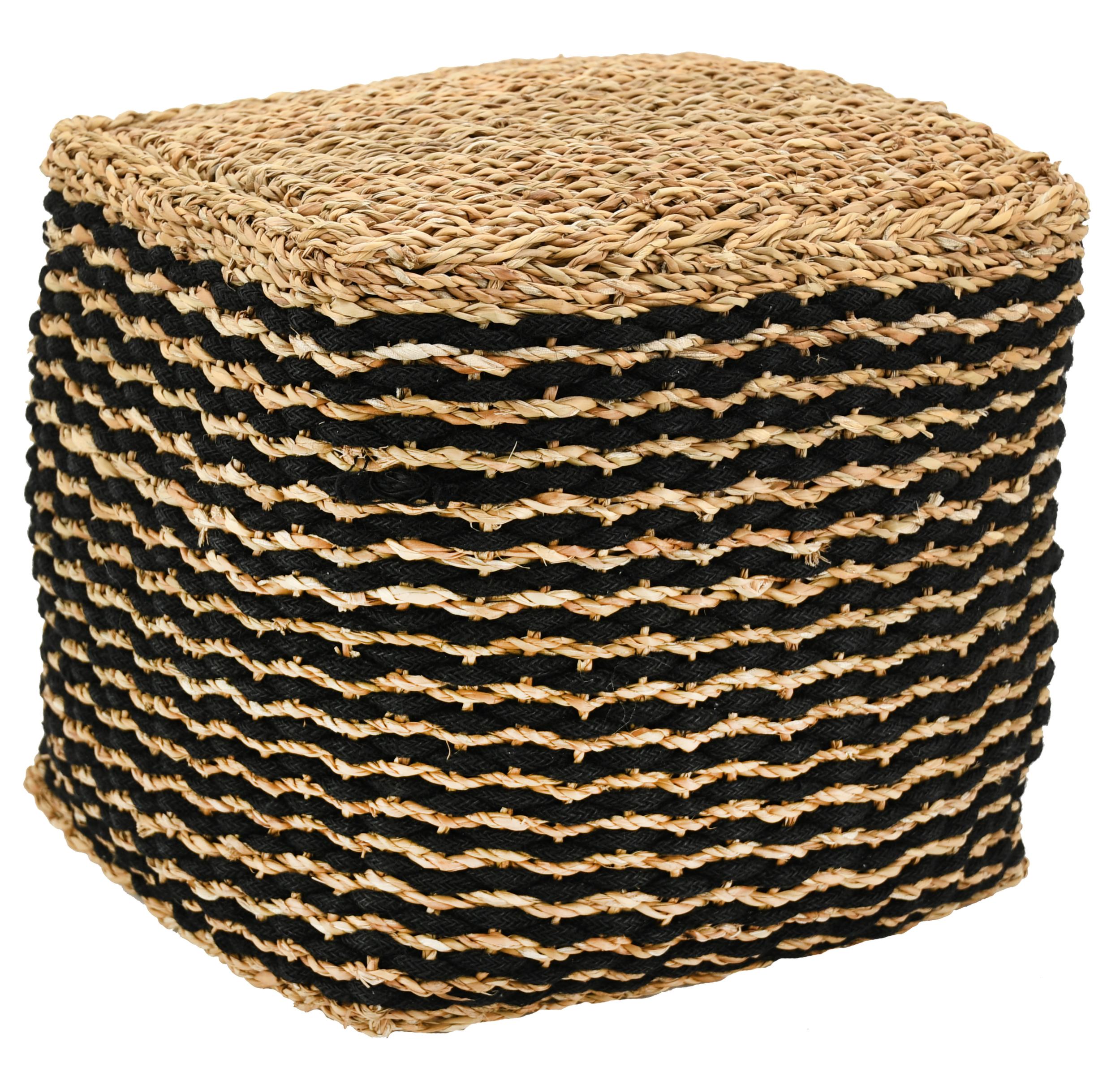 Pouf en jonc naturel et teinté noir Hurtz