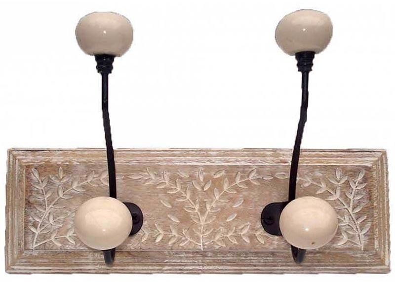 Patère en manguier motif feuilles 2 crochets