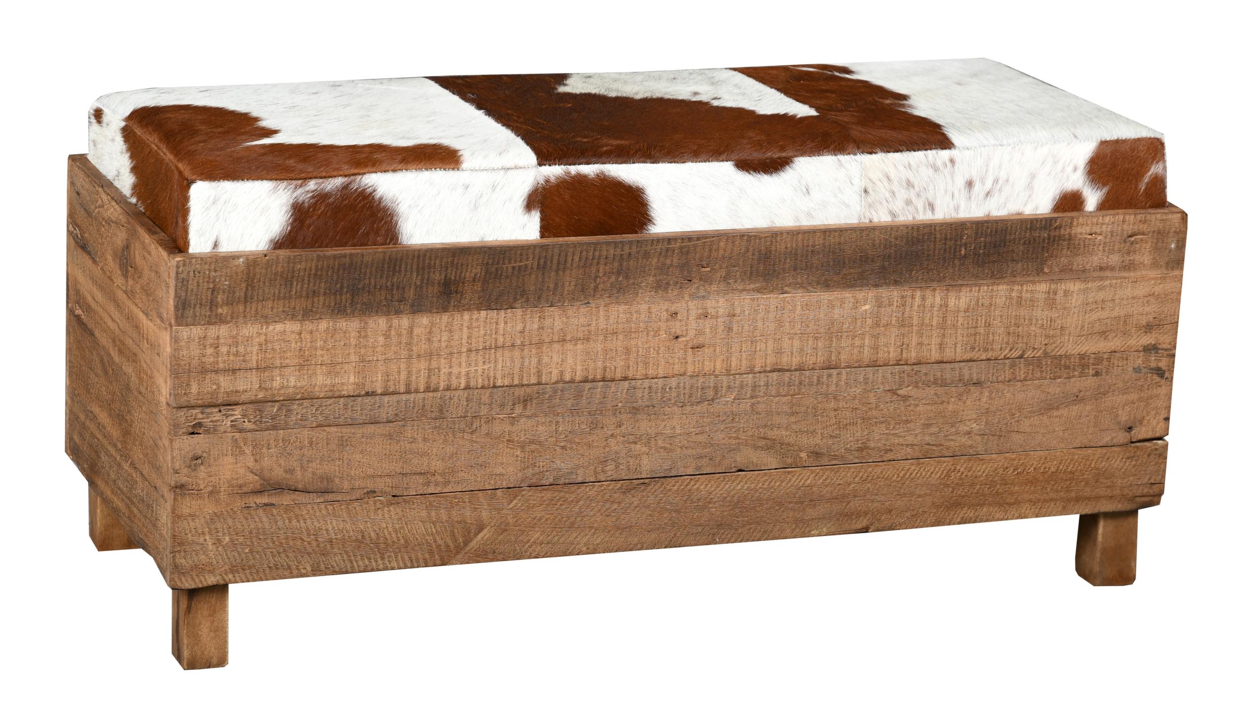 Coffre banquette en bois recyclé et peau de vache