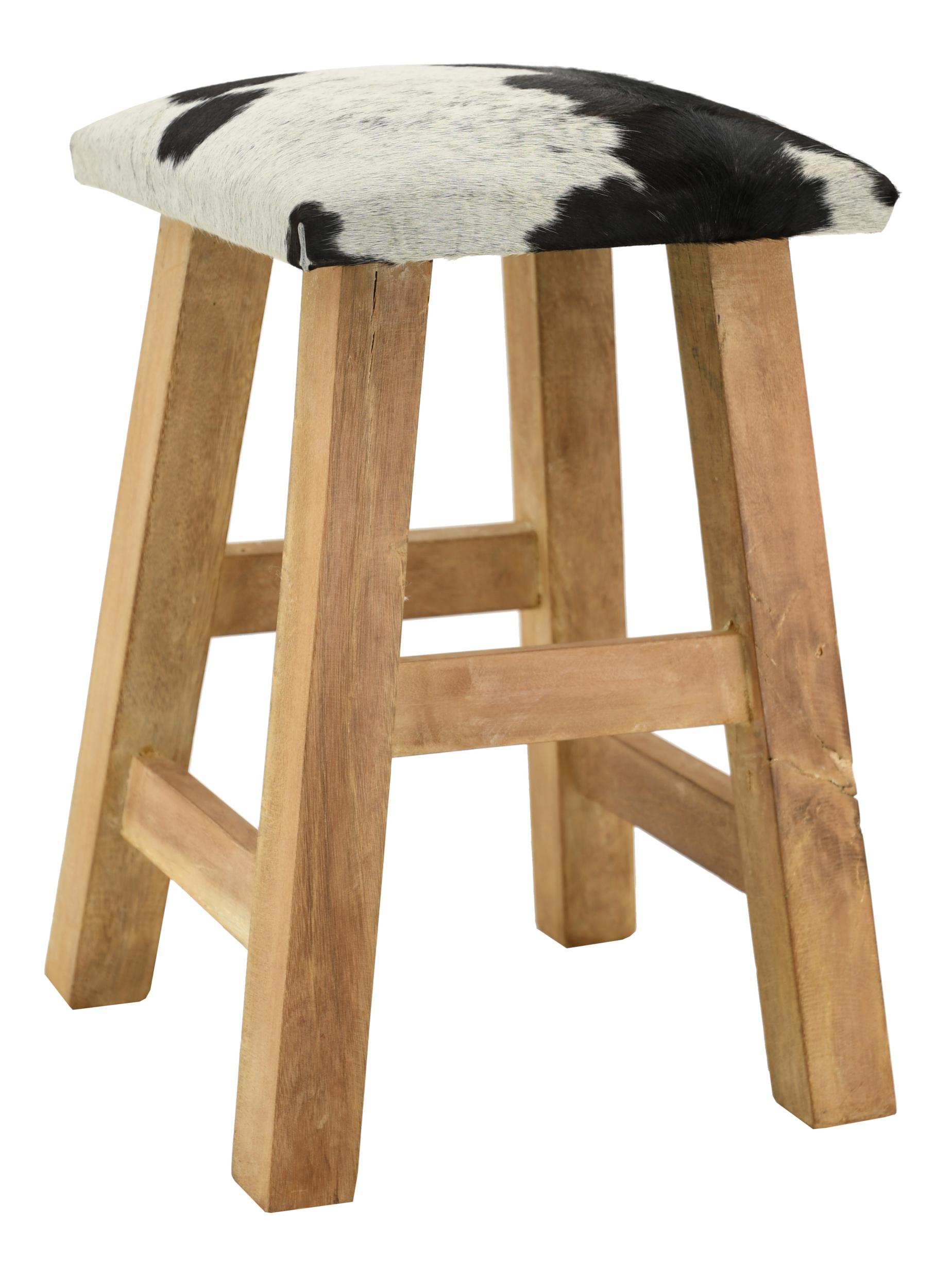 Tabouret carré en bois recyclé et peau de vache