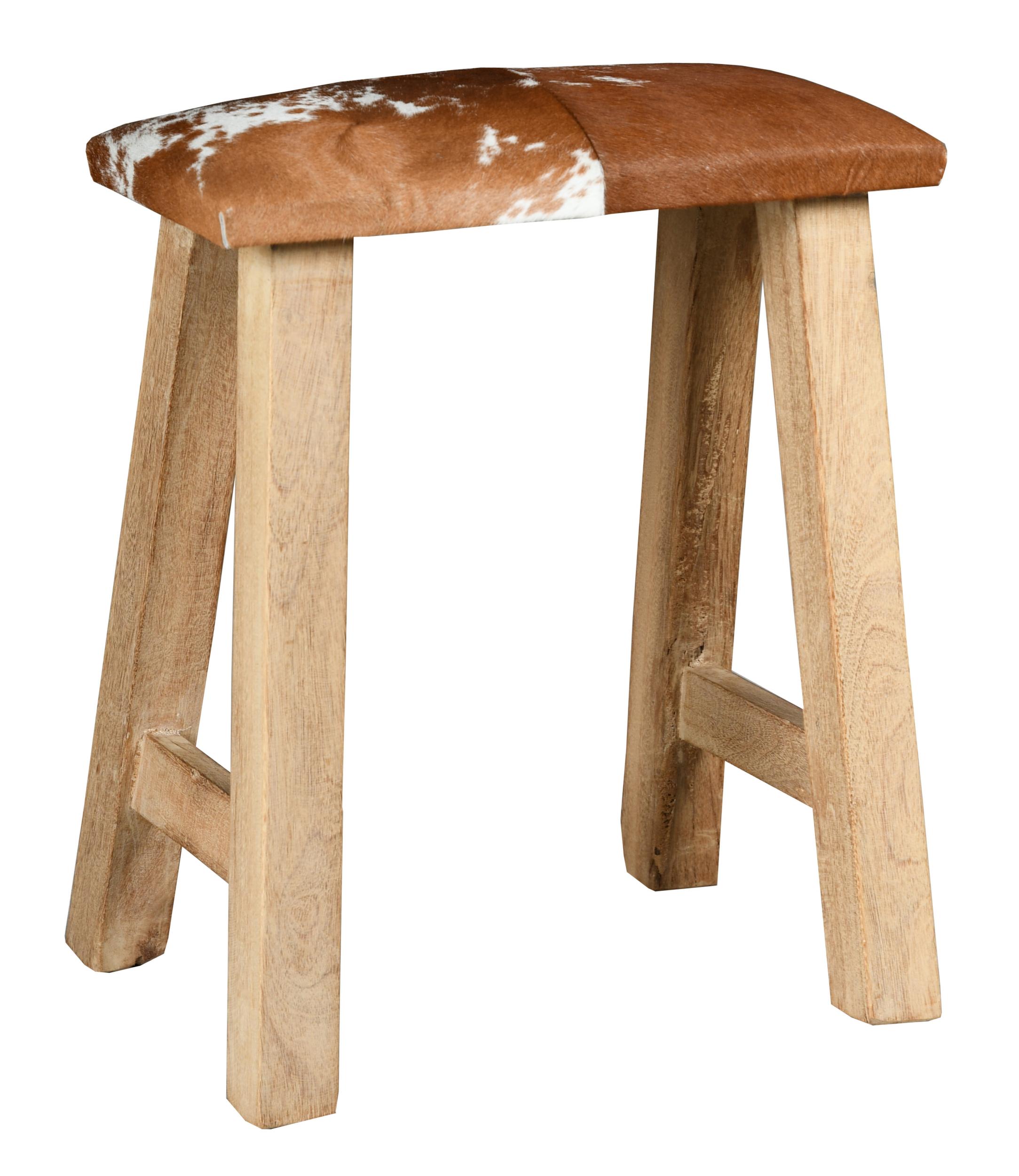 Tabouret rectangle en bois recyclé et peau de vache