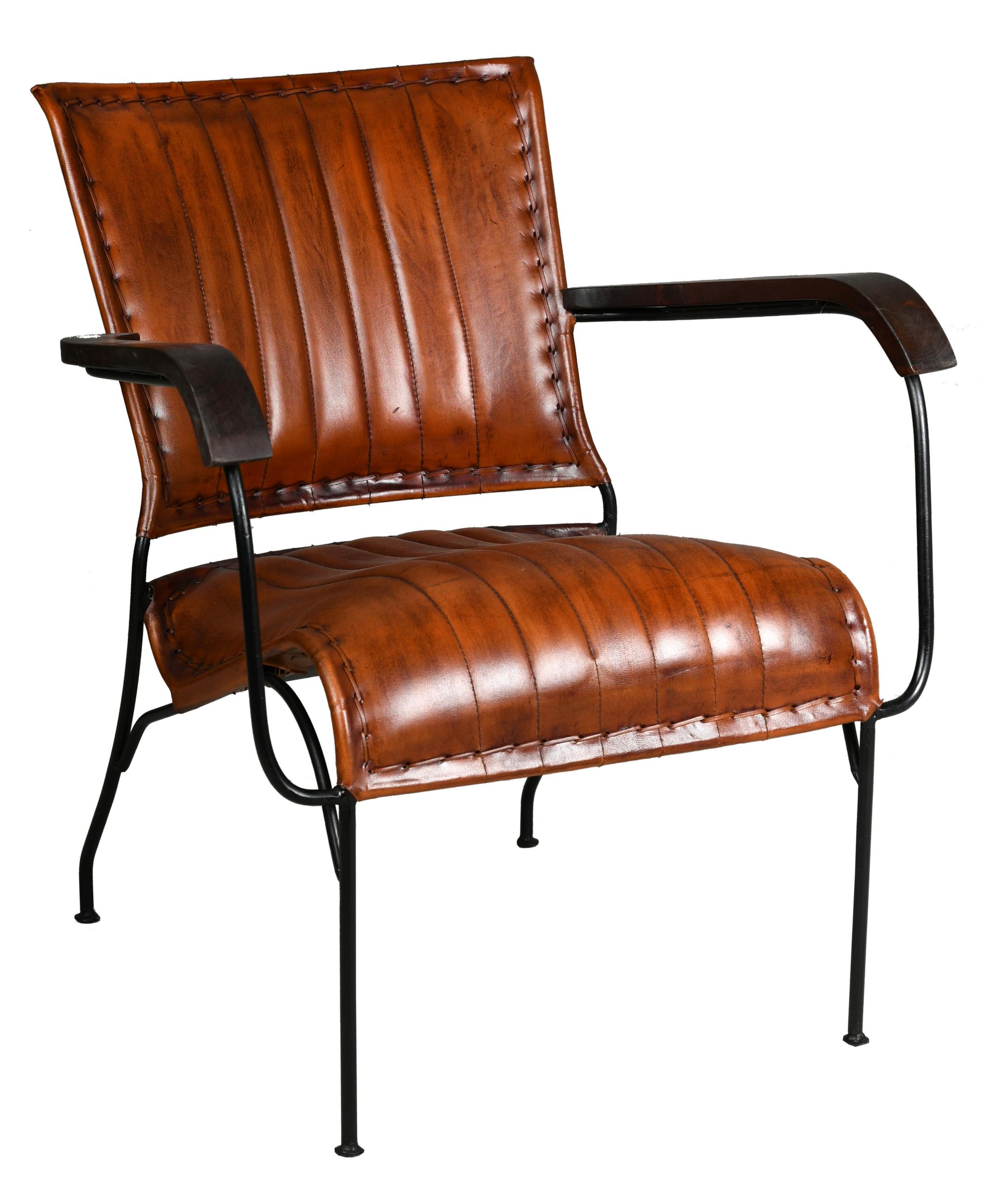 Fauteuil en cuir, métal et bois verni