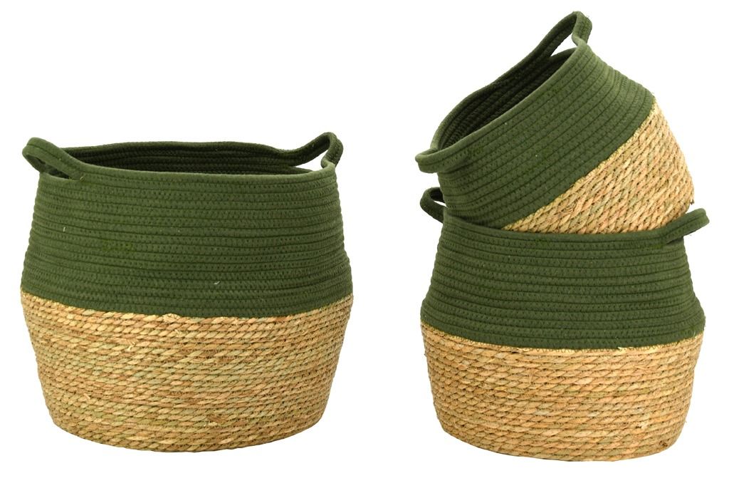 Corbeilles en jonc naturel et teinté kaki (Lot de 3)