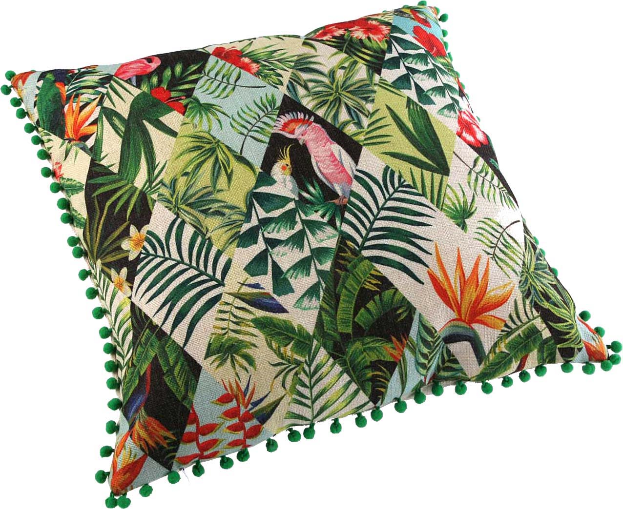 Coussin imprimé tropical avec pompons