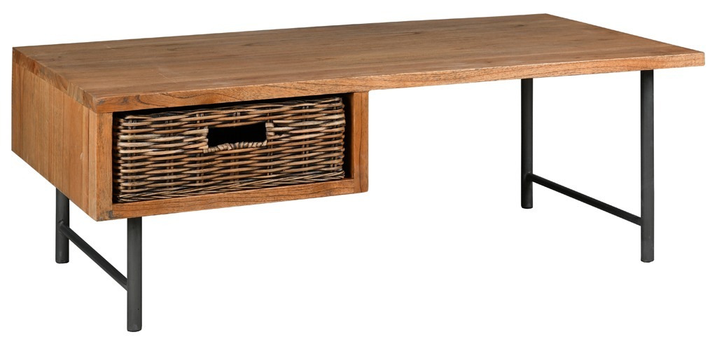 Table basse en bois, métal et rotin