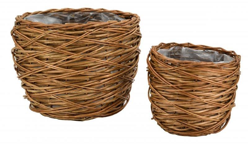 Cache pots en osier vieilli avec doublure (Lot de 2)