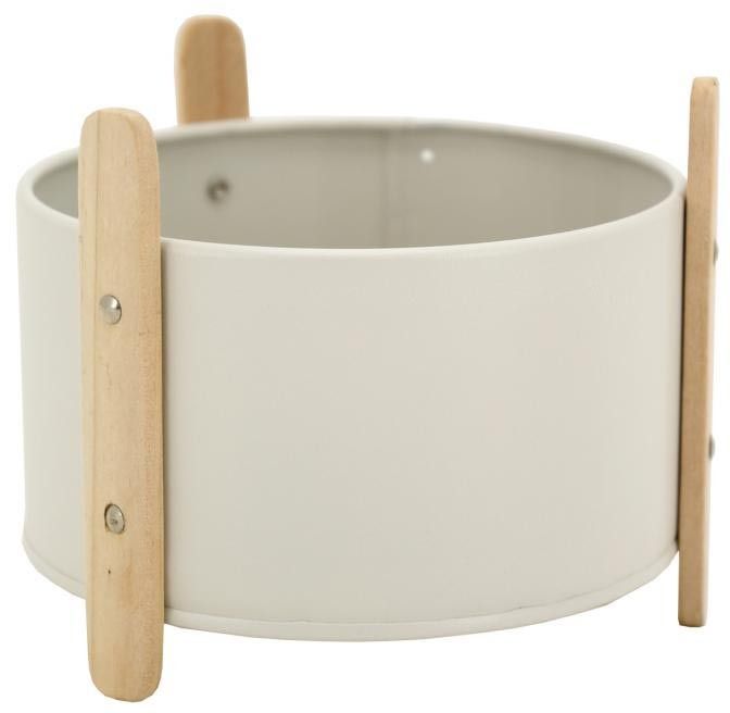Cache-pot en métal laqué blanc et bois 14.5 cm