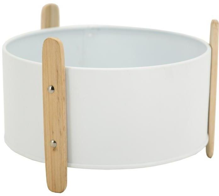 Cache-pot en métal laqué blanc et bois 17.5 cm