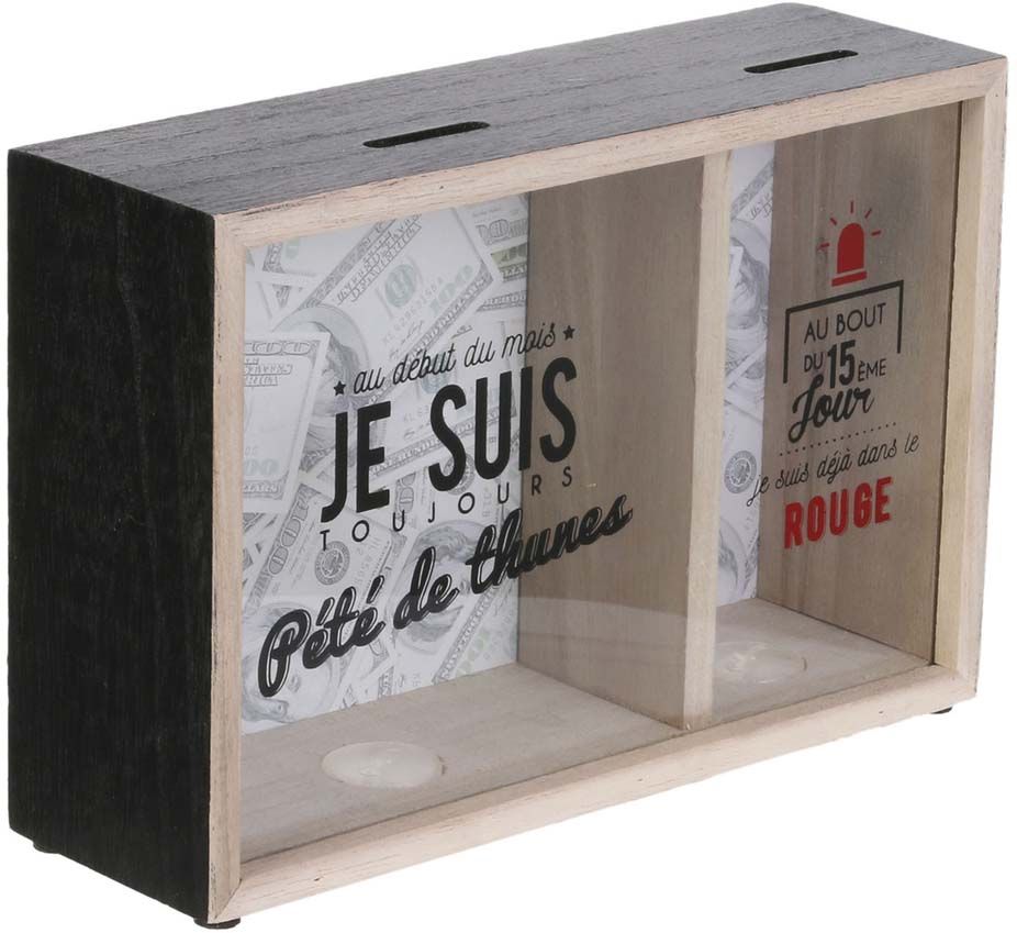 Tirelire en bois 2 compartiments avec citations