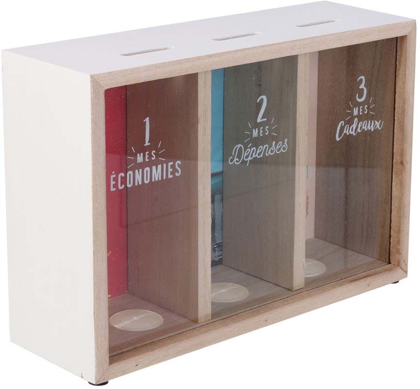 Tirelire en bois 3 compartiments avec messages
