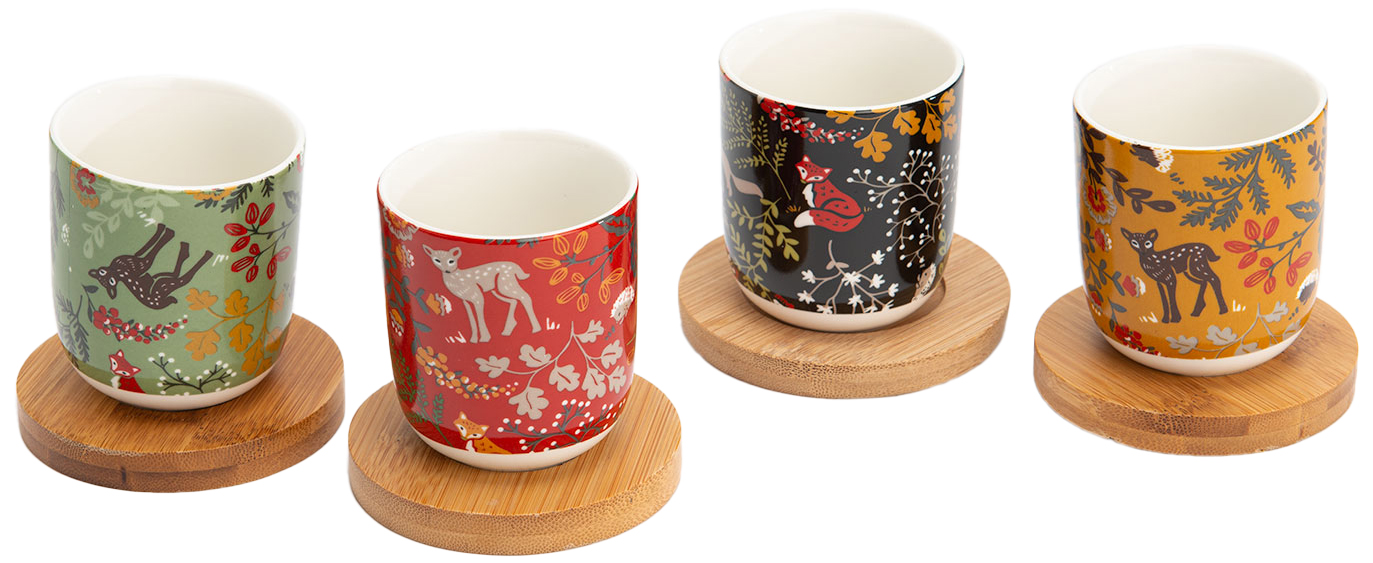 Coffret 4 tasses en porcelaine avec soucoupes en bambou Sous-bois