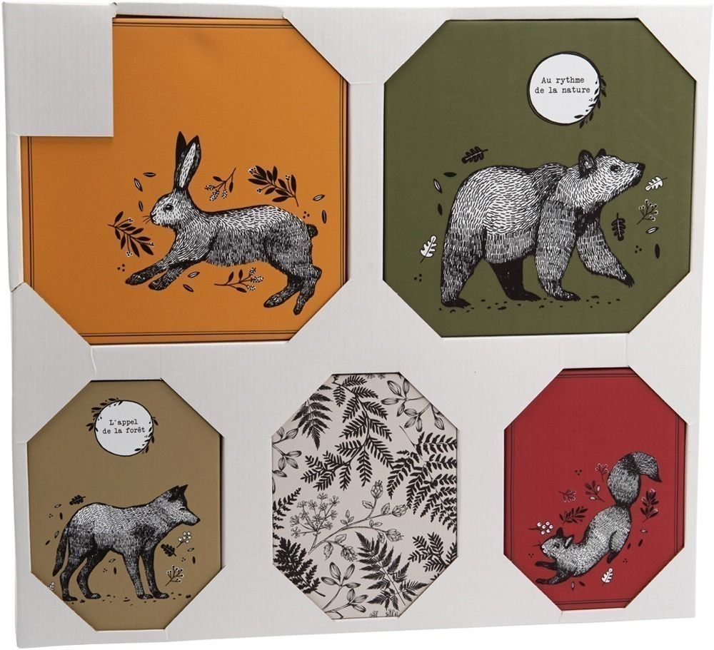 Set de 5 toiles colorées Animaux de la forêt