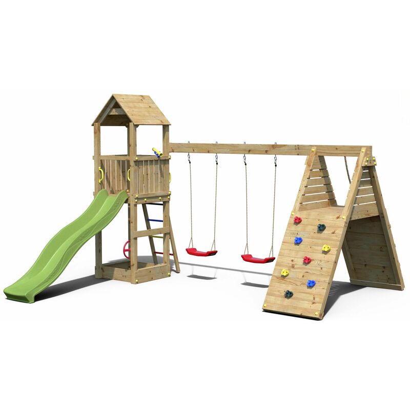 Aire de jeux toboggan balançoire et mur d'escalade Fleppi