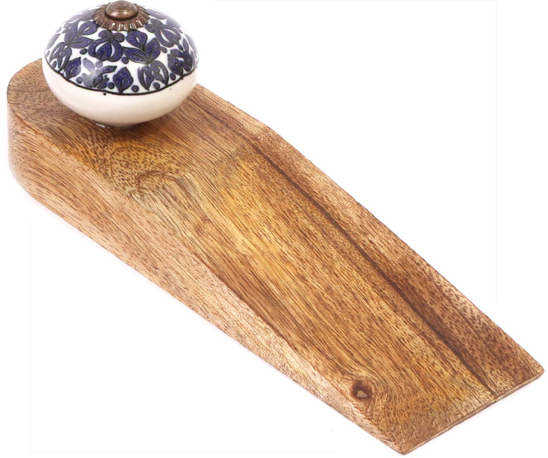 Bloc porte en bois de manguier avec bouton en grès Paon Modèle 2