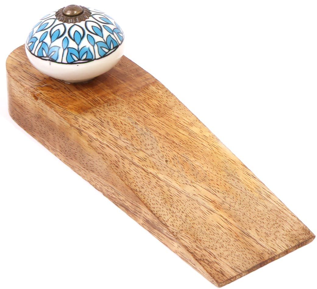 Bloc porte en bois de manguier avec bouton en grès Paon Modèle 4