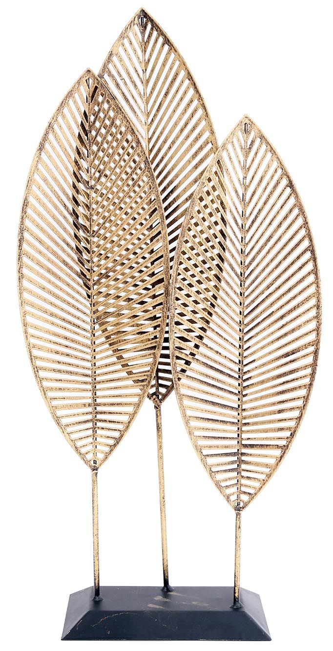 3 feuilles décoratives en métal doré sur socle 50x24 cm