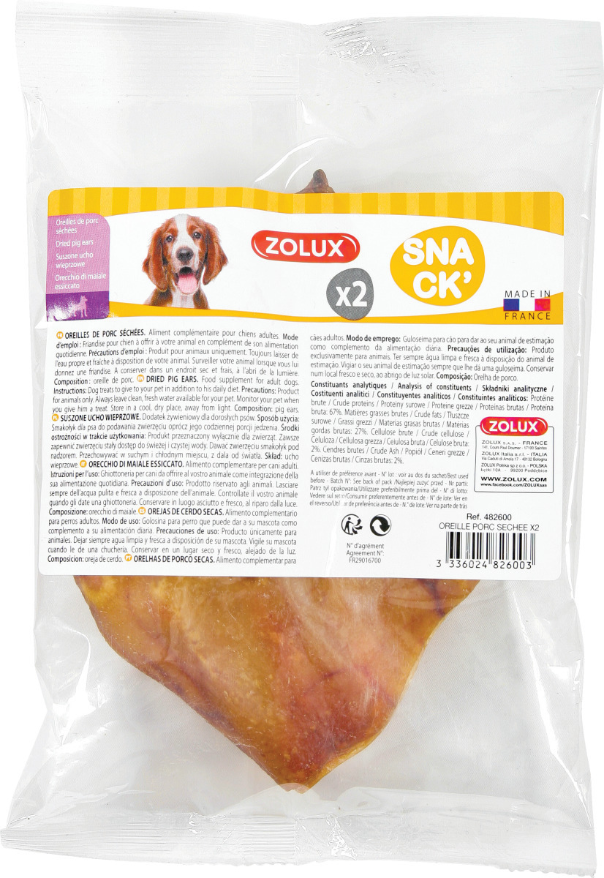Sachet de 2 oreilles de porc séchées pour chien