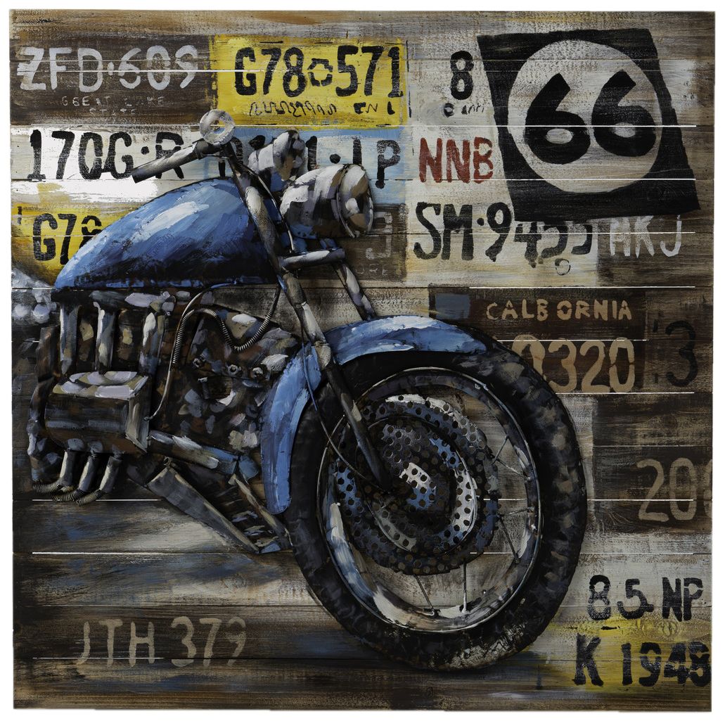 Plaque en métal et bois Moto bleue 100 x 100 cm