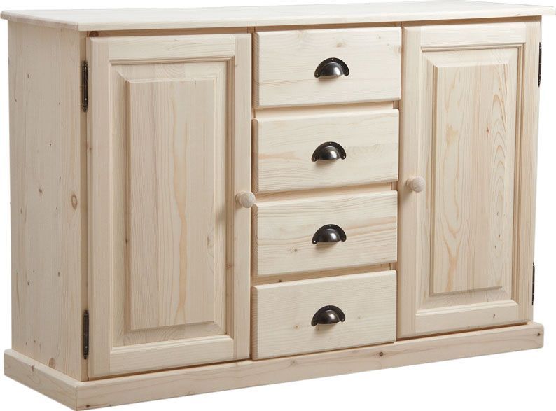 Meuble bois brut 2 portes 4 tiroirs