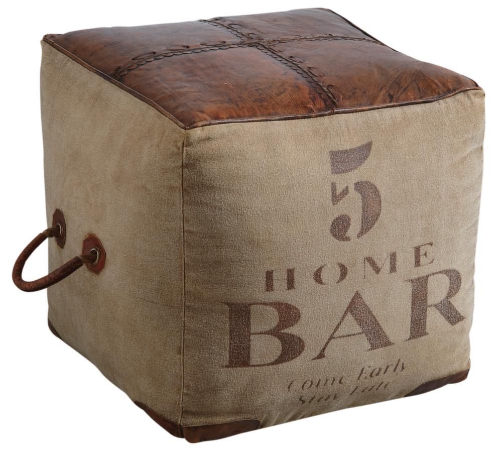 Pouf carré en coton et cuir Bar