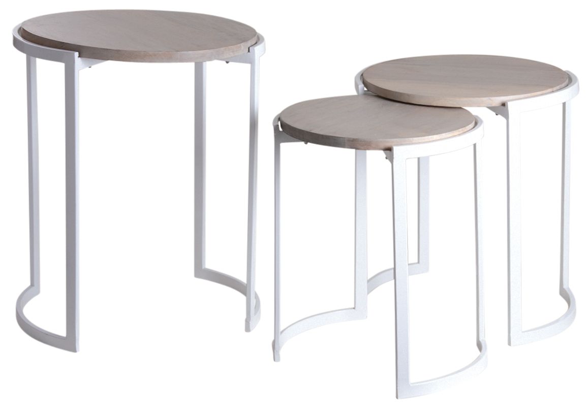 Sellettes en métal blanc et manguier (Lot de 3)