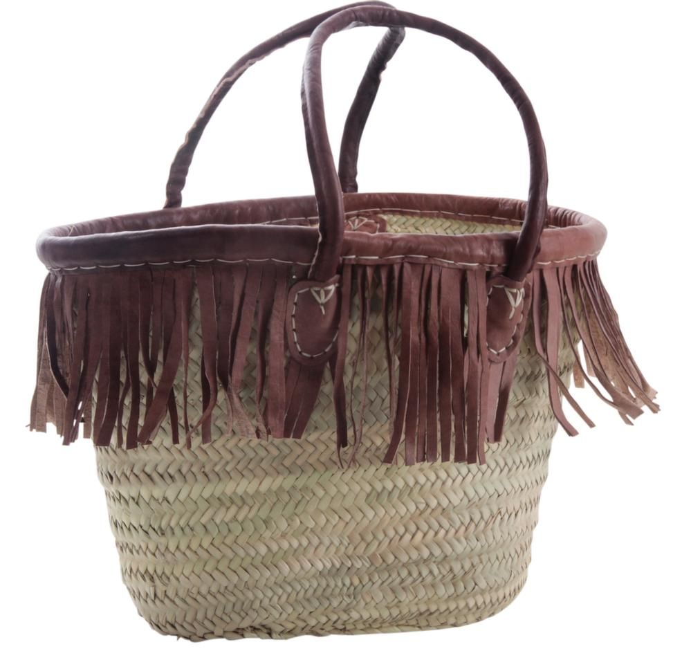 Panier avec franges en palmier et cuir