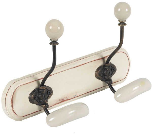 Patère 2 crochet en bois blanc et céramique