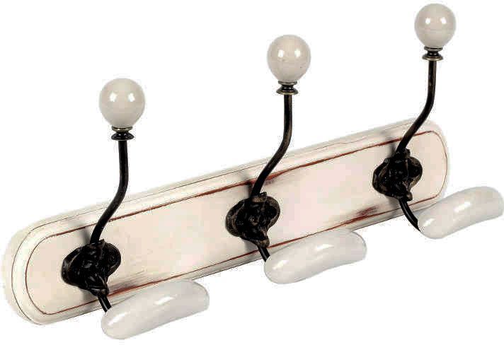 Patère 3 crochets bois blanc et céramique