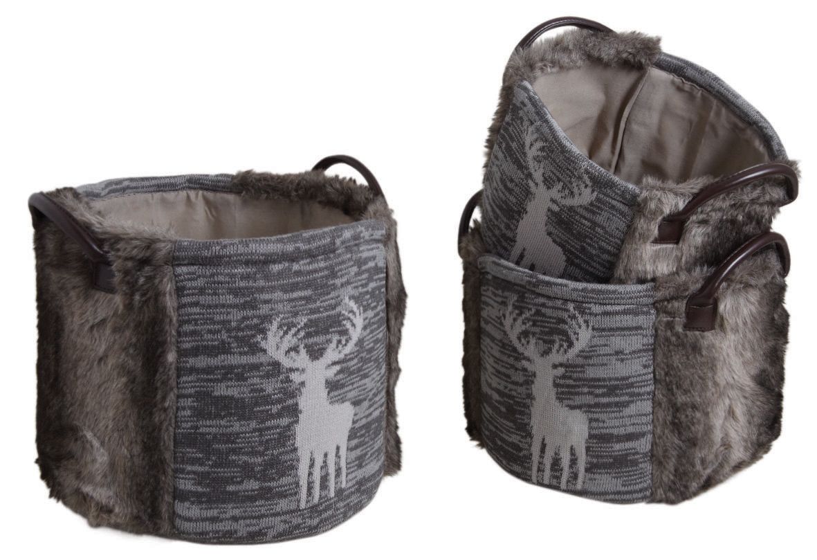 Corbeilles de rangement rondes motif cerf avec fourrure synthétique et poignées (Lot de 3)