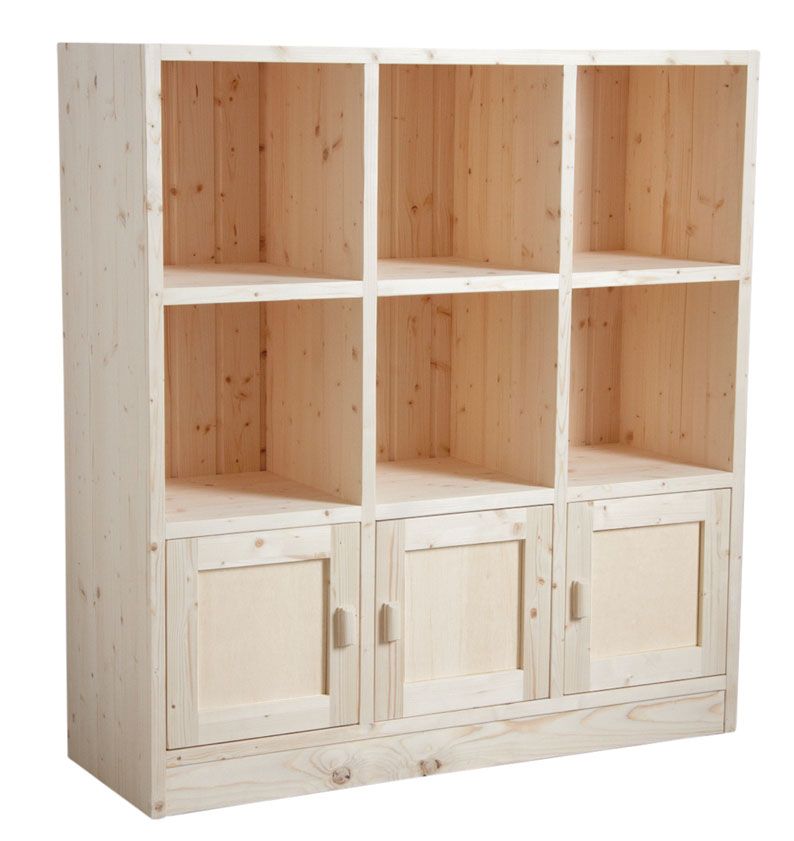 Bibliothèque 6 cases 3 portes en épicéa brut