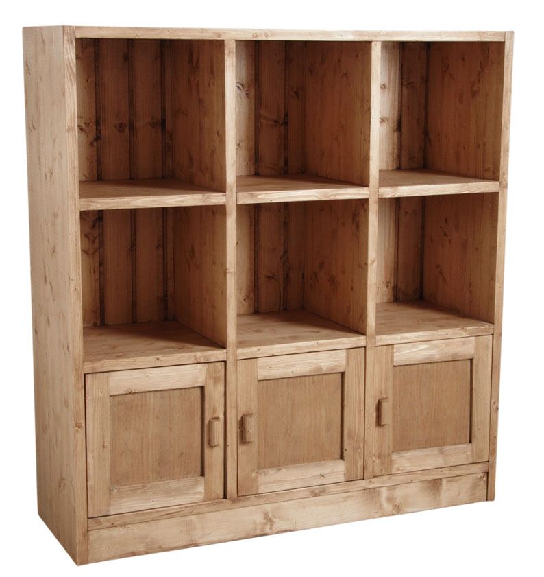 Bibliothèque 6 cases 3 portes en épicéa ciré miel