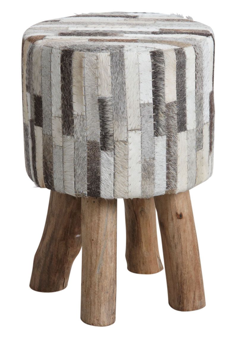 Tabouret rond en peau de vache grise