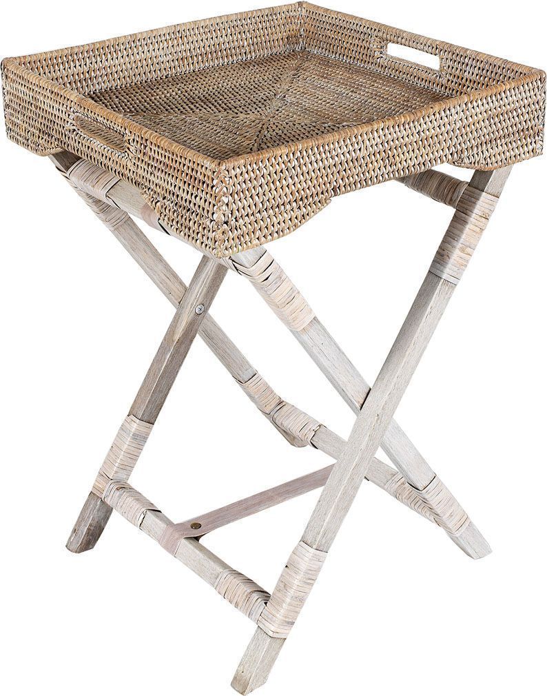 Plateau sur pied en rotin patiné blanc
