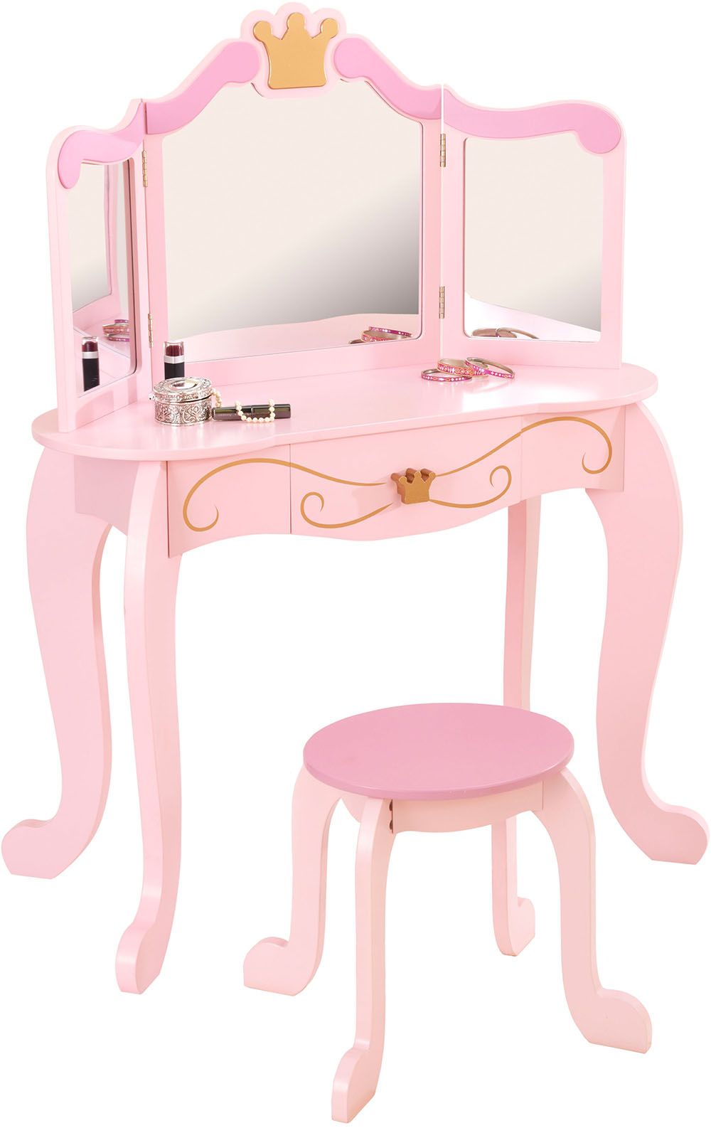 Coiffeuse en bois et tabouret rose pour enfant Princesse