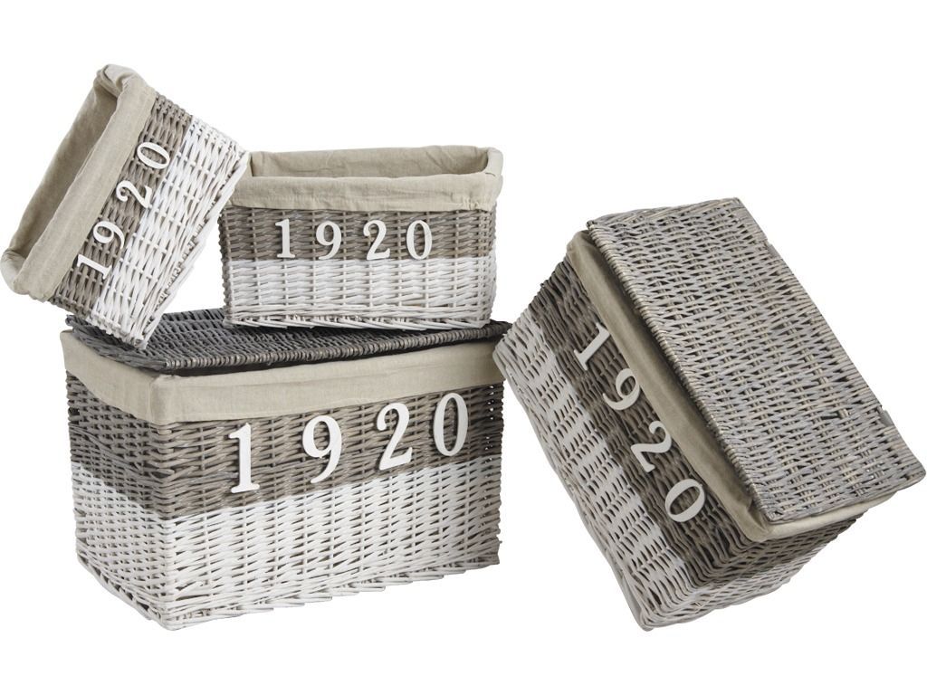 Malles et corbeilles en osier teinté et tissu 1920 (Lot de 4)