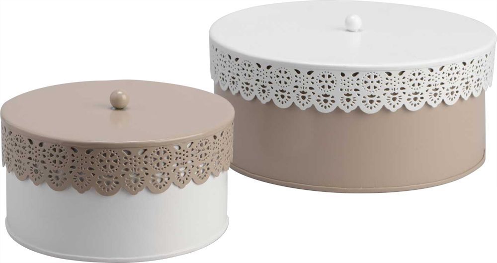 Set 2 boites motif dentelles blanc/taupe