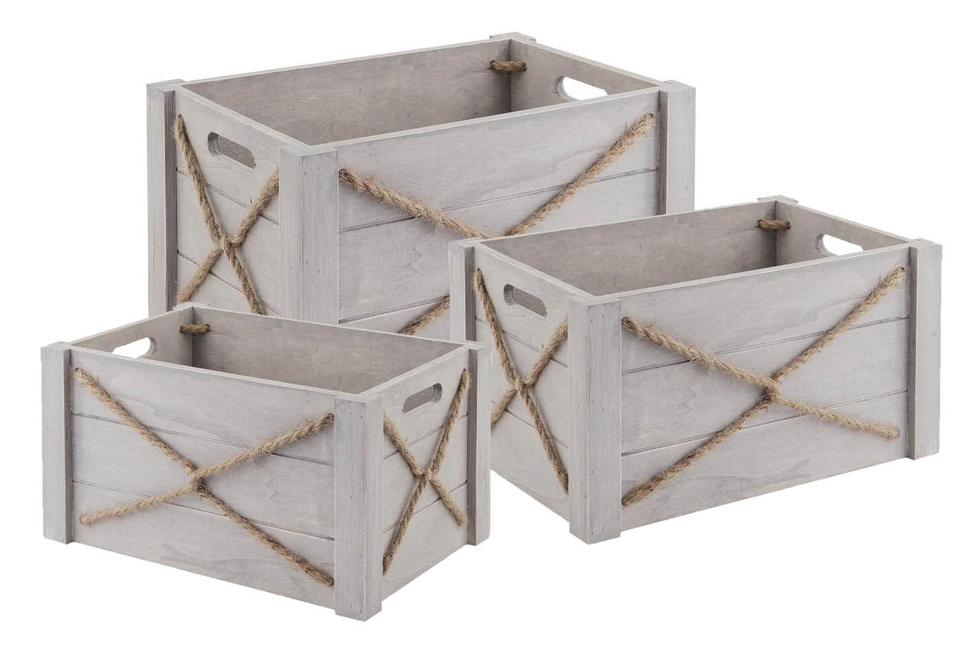 Caisse en bois patiné et corde (Lot de 3)