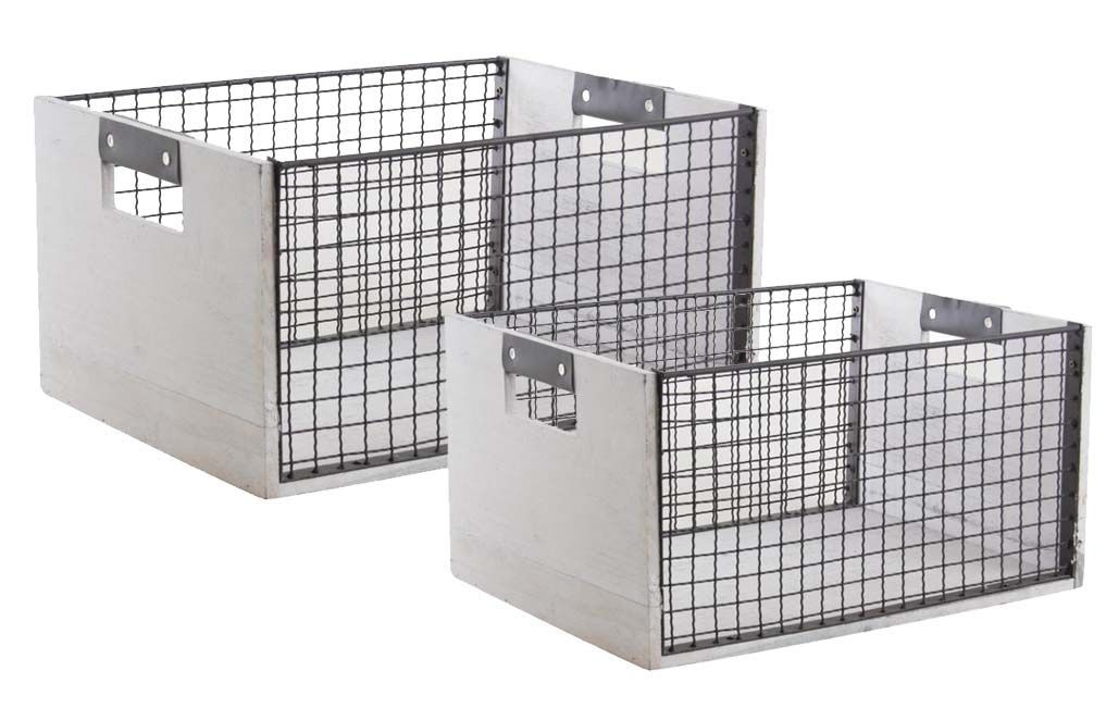 Corbeilles de rangement en bois vieilli et métal (Lot de 2)