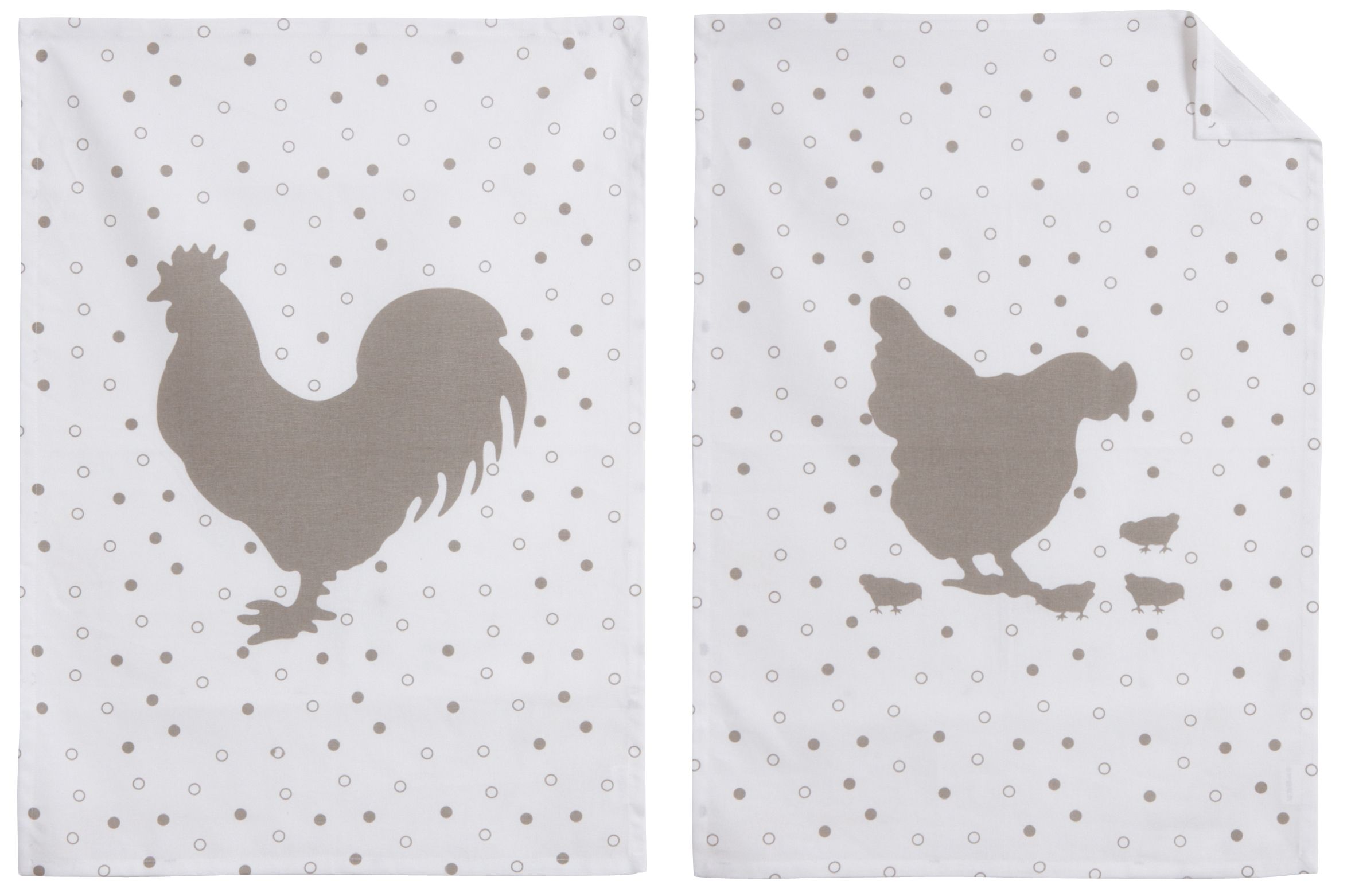 Torchon de cuisine en coton (Lot de 2) Poule et coq gris