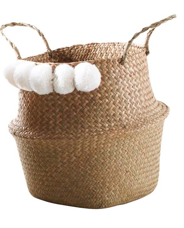 Panier rond en jonc naturel avec pompons