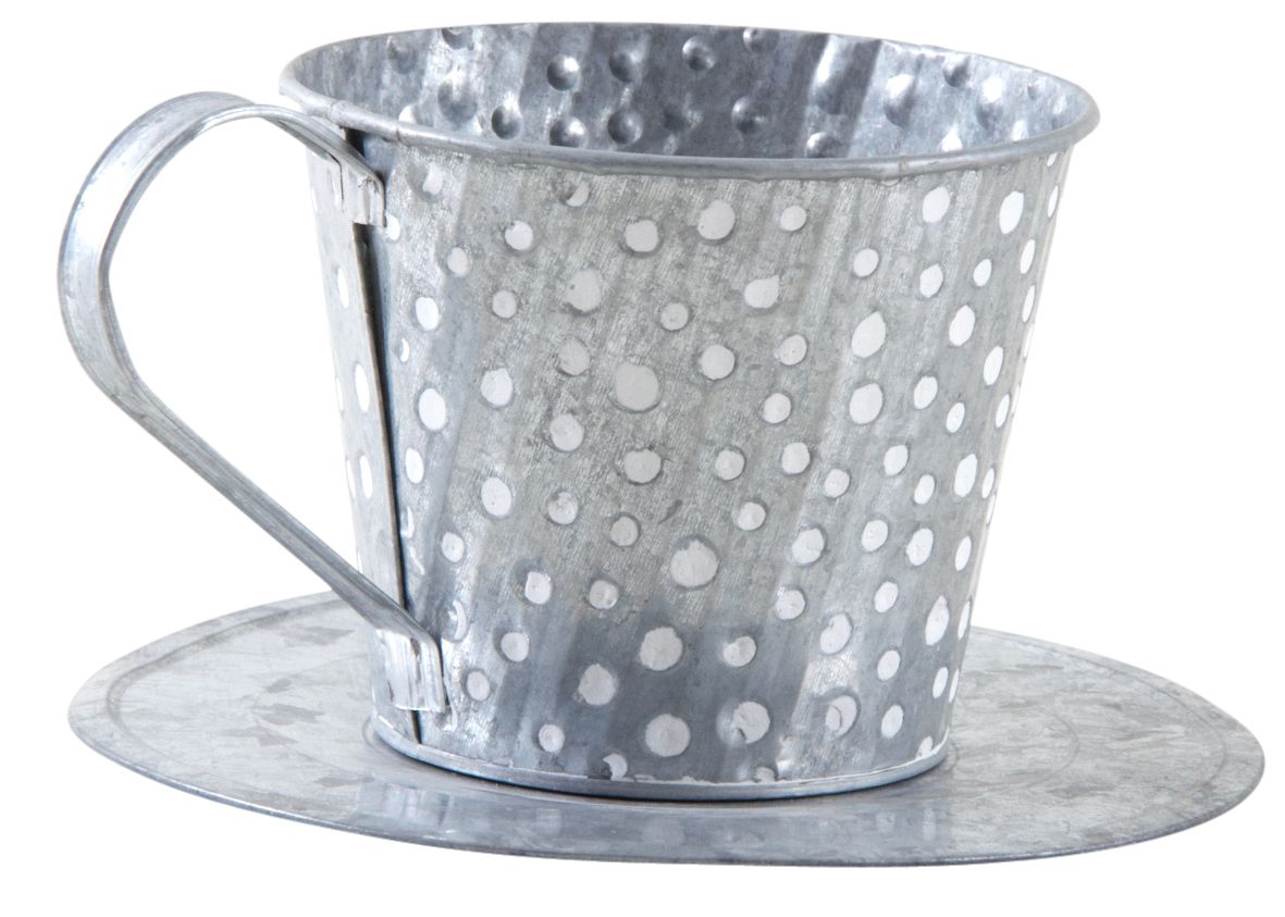 Tasse en métal gris avec pois blancs