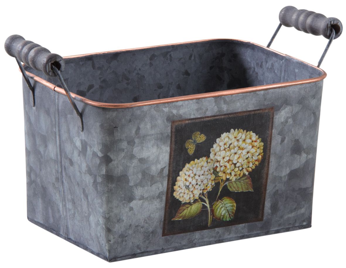 Corbeille rectangle en métal patiné gris Hortensia