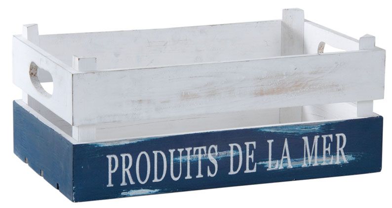 Caisse Produits de la Mer en bois patiné blanc et bleu